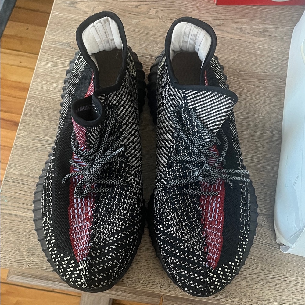 Yeezy Black and Red Knit Sneakers